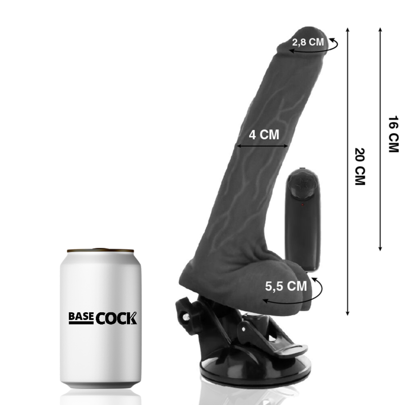 BASECOCK - VIBRADOR REALÍSTICO CONTROL REMOTO NEGRO CON TESTÍCULOS 20 CM -O- 4 CM