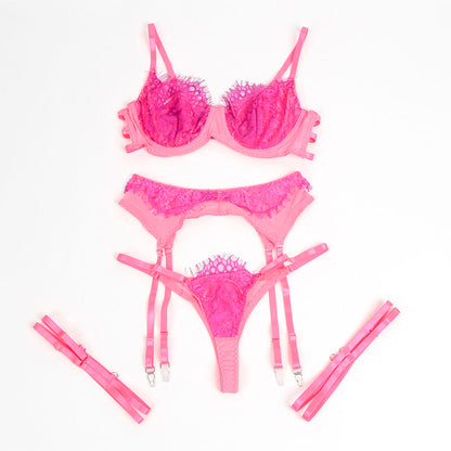 SUBBLIME - 955366 SET SUJETADOR CON ENCAJE Y LIGUEROS ROSA Y MORADO L/XL