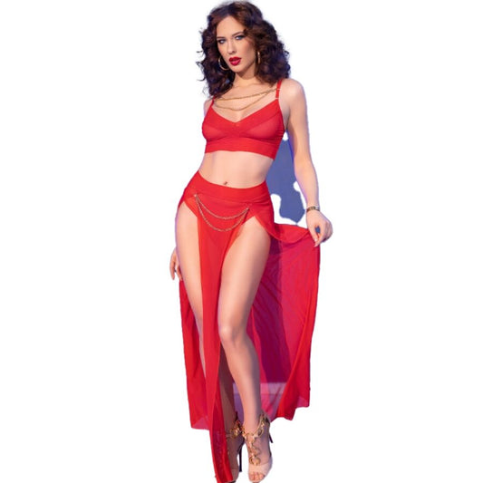 CHILIROSE - CR 4850 SET TOP ROJO Y LEGGINS CON COMPLEMENTOS DORADOS XL