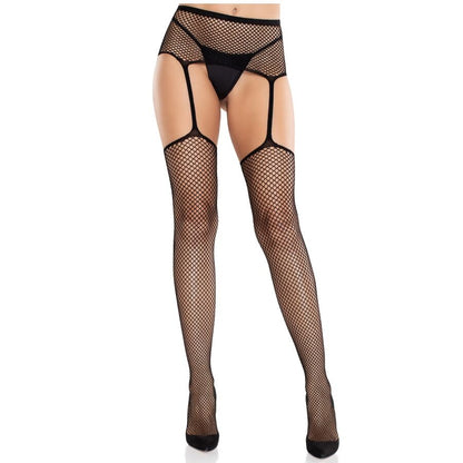 LEG AVENUE - MEDIAS DE ENCAJE CON CRUZ Y PORTALIGAS NEGRO