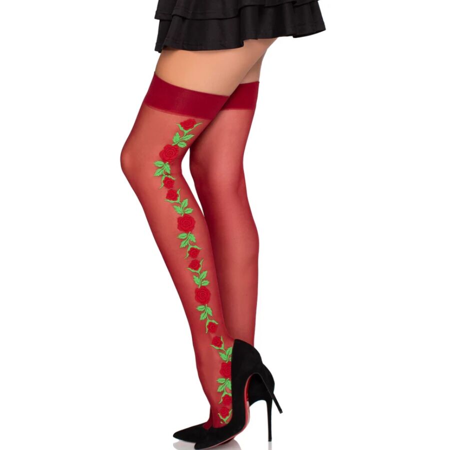 LEG AVENUE - 1957 MEDIAS DE LIGUERO CON FLORES ROJAS - TALLA ÚNICA